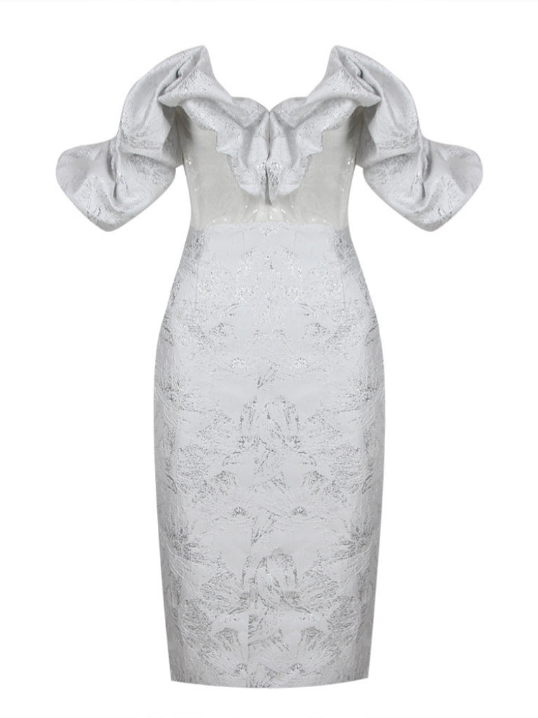 Giselle Jacquard Off Shoulder Midi Dress In Silver