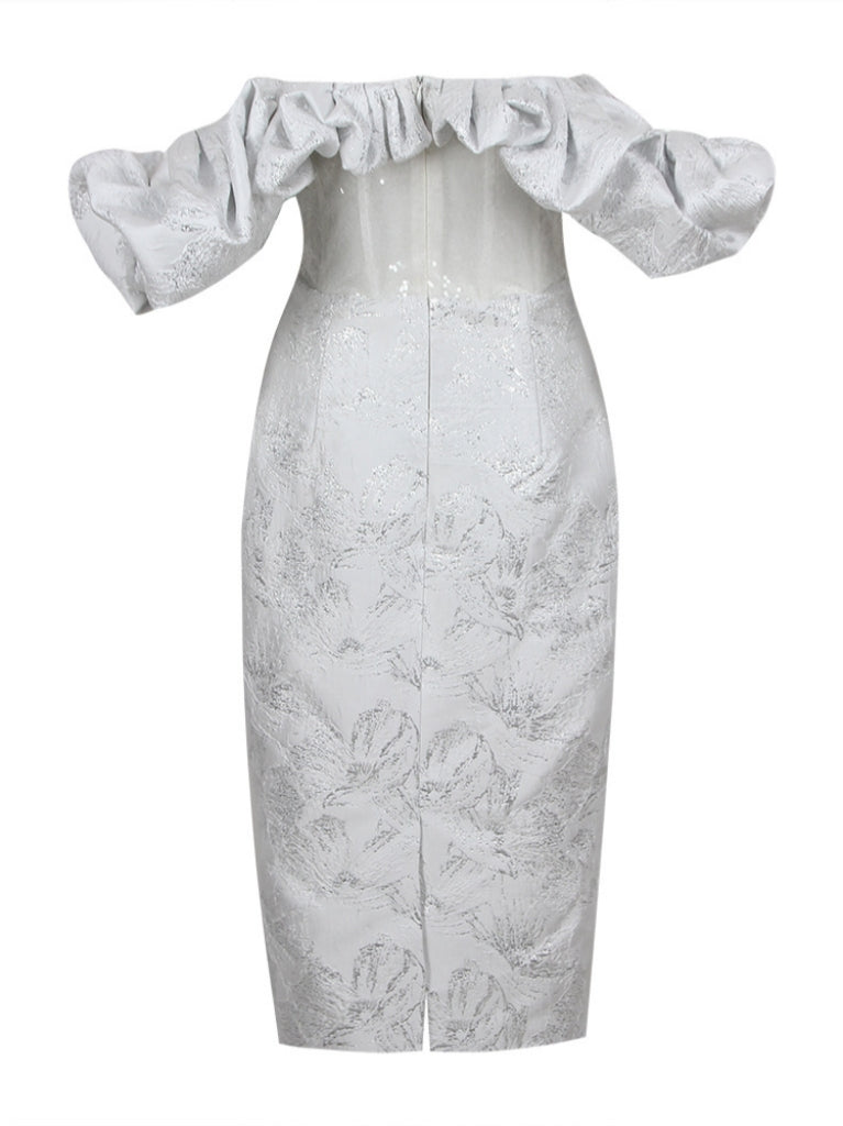 Giselle Jacquard Off Shoulder Midi Dress In Silver