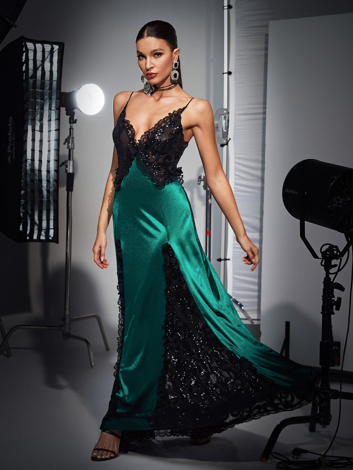 Gossamer Patchwork Lace Sequin Satin Dress In Green