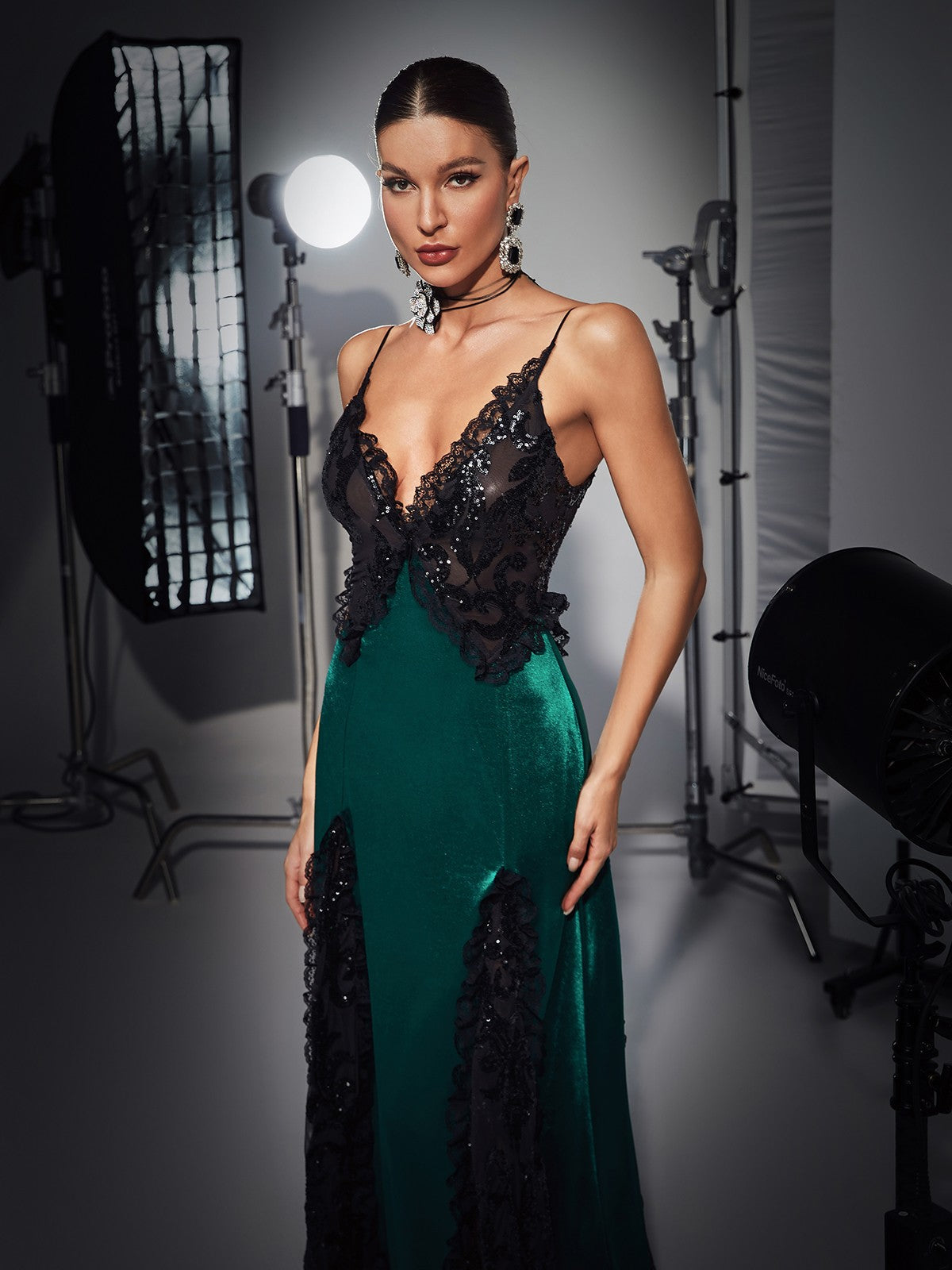 Gossamer Patchwork Lace Sequin Satin Dress In Green