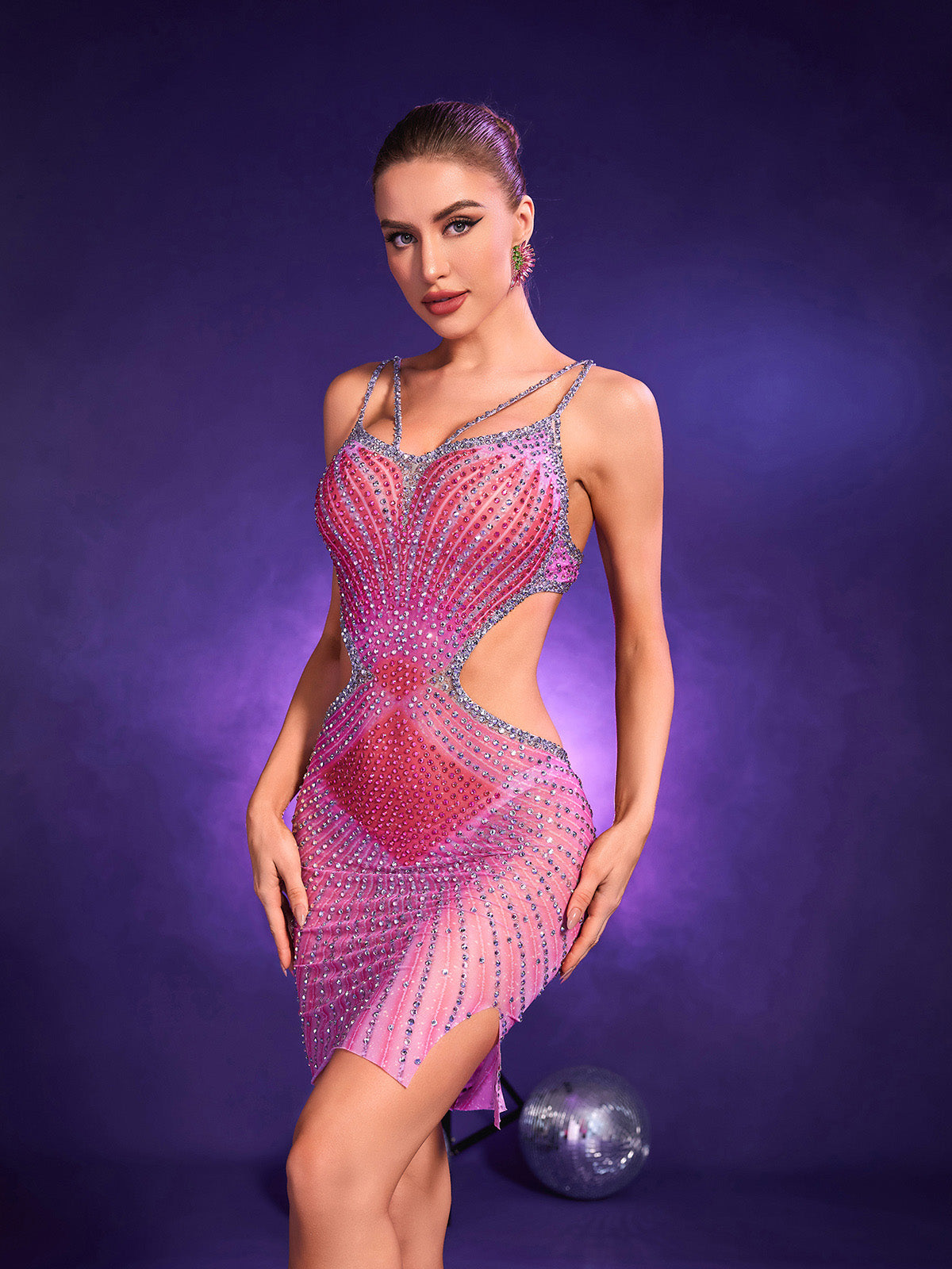 Grey Crystal Cutout Mini Dress In Hot Pink