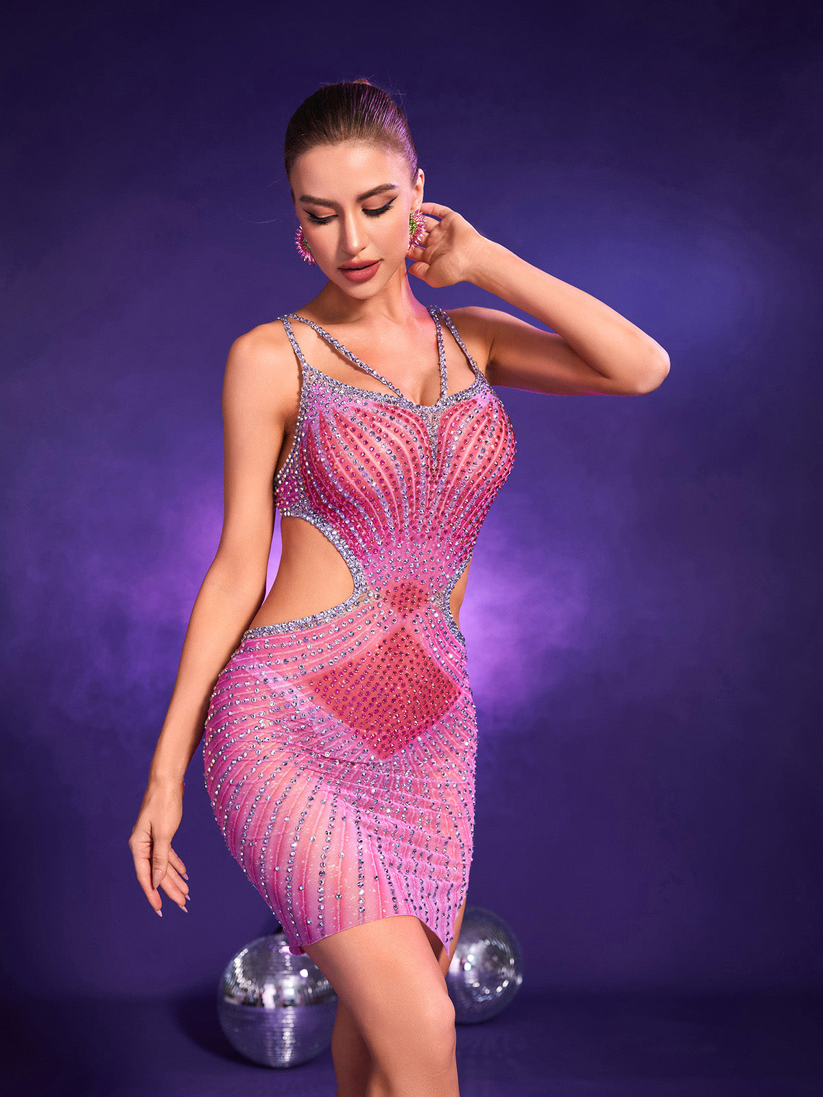 Grey Crystal Cutout Mini Dress In Hot Pink