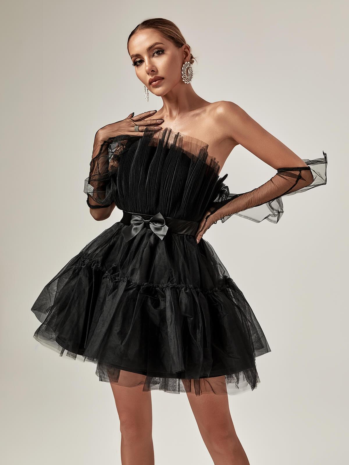 Guinevere Strapless Mesh Mini Dress In Black - Mew Mews Fashion
