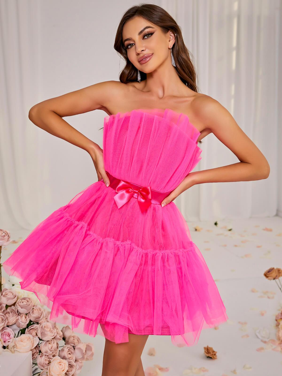 Guinevere Strapless Mesh Mini Dress In Hot Pink - Mew Mews Fashion