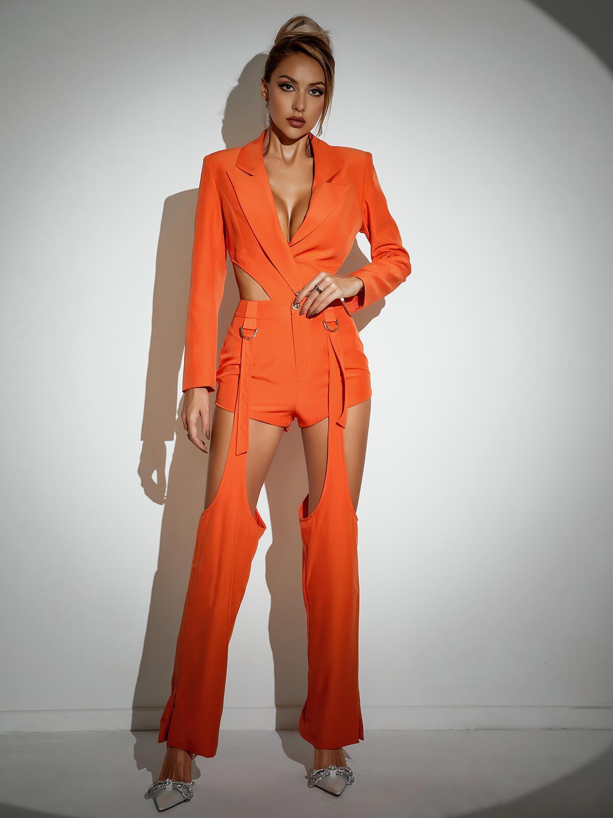 Gwendolyn Long Sleeve Cutout Blazer Set In Orange - Mew Mews Fashion