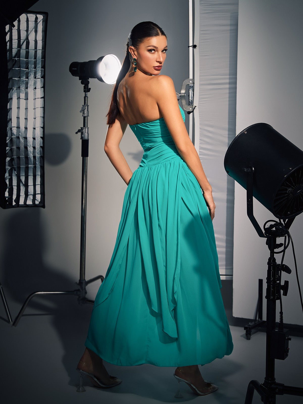 Harlem Strapless Ruched High Split Mesh Dress