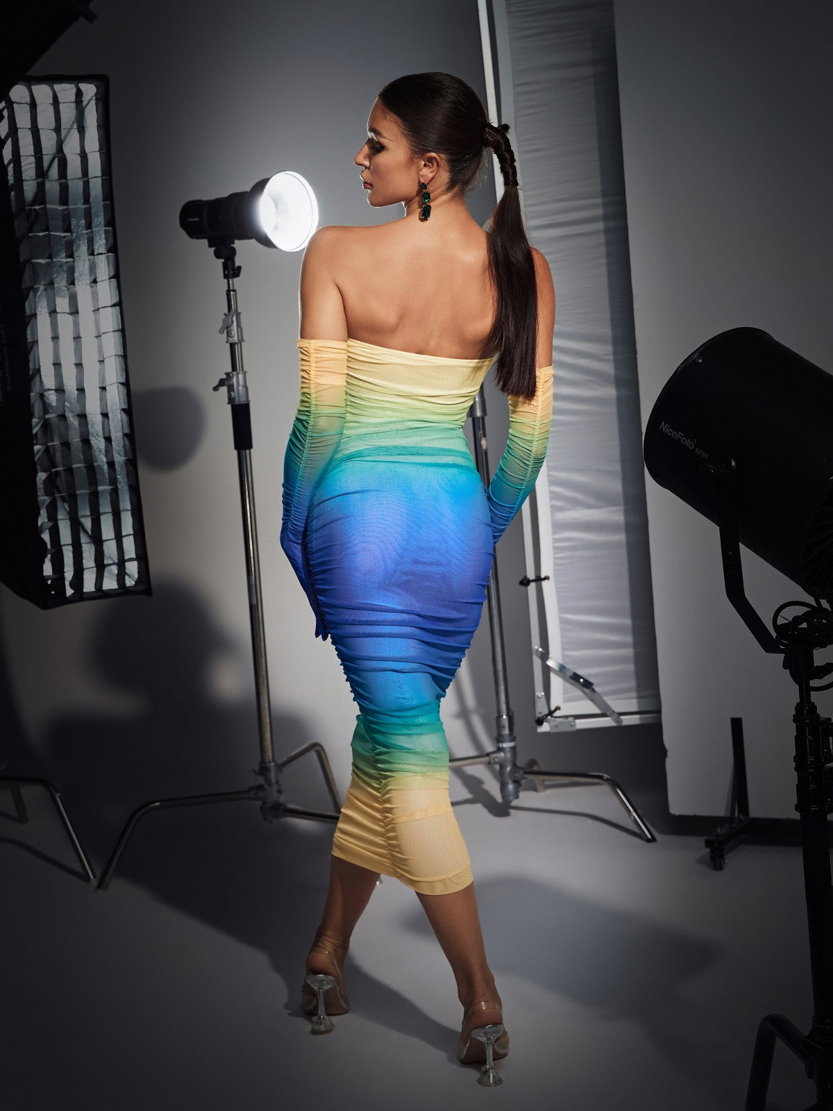 Hartford Gradient Mesh Dress With Gloves In Blue
