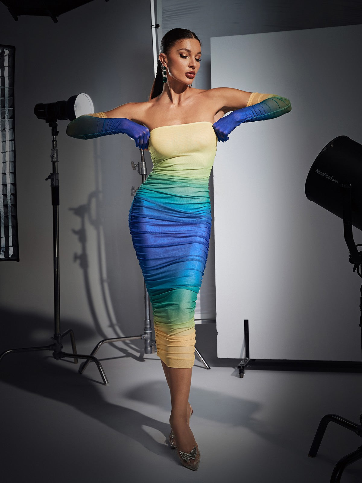 Hartford Gradient Mesh Dress With Gloves In Blue