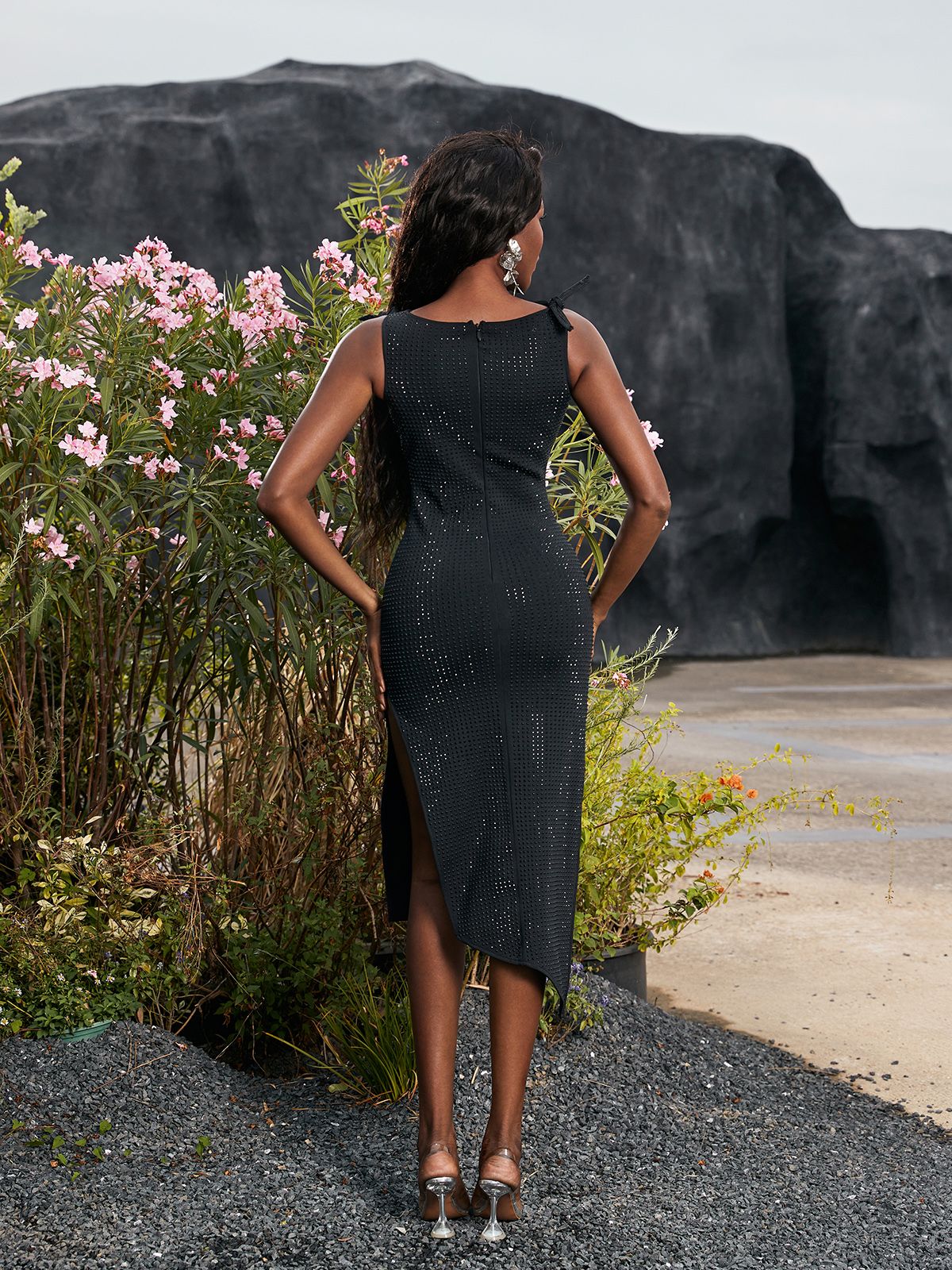 Hecate Flower Embellished Bandage Midi Dress In Black
