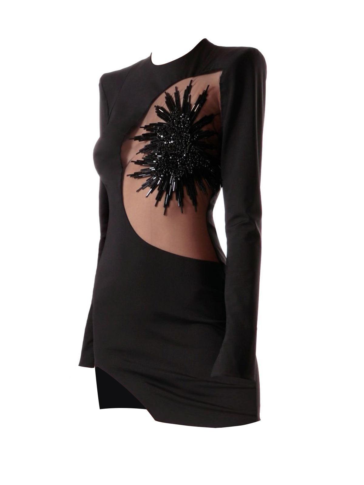 Hera Long Sleeve Embellished Bandage Dress In Black - Mew Mews Fashion
