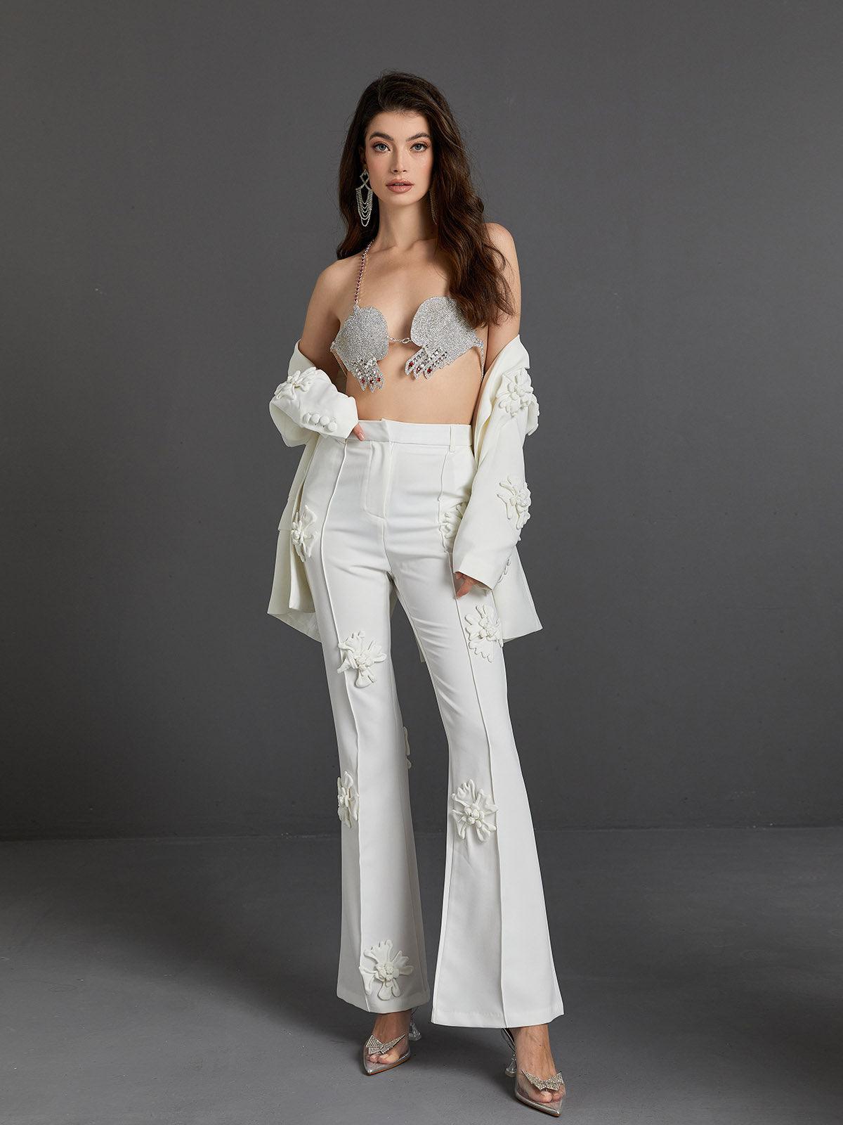 Indiana Floral Embellished Blazer Set In White - Mew Mews Fashion