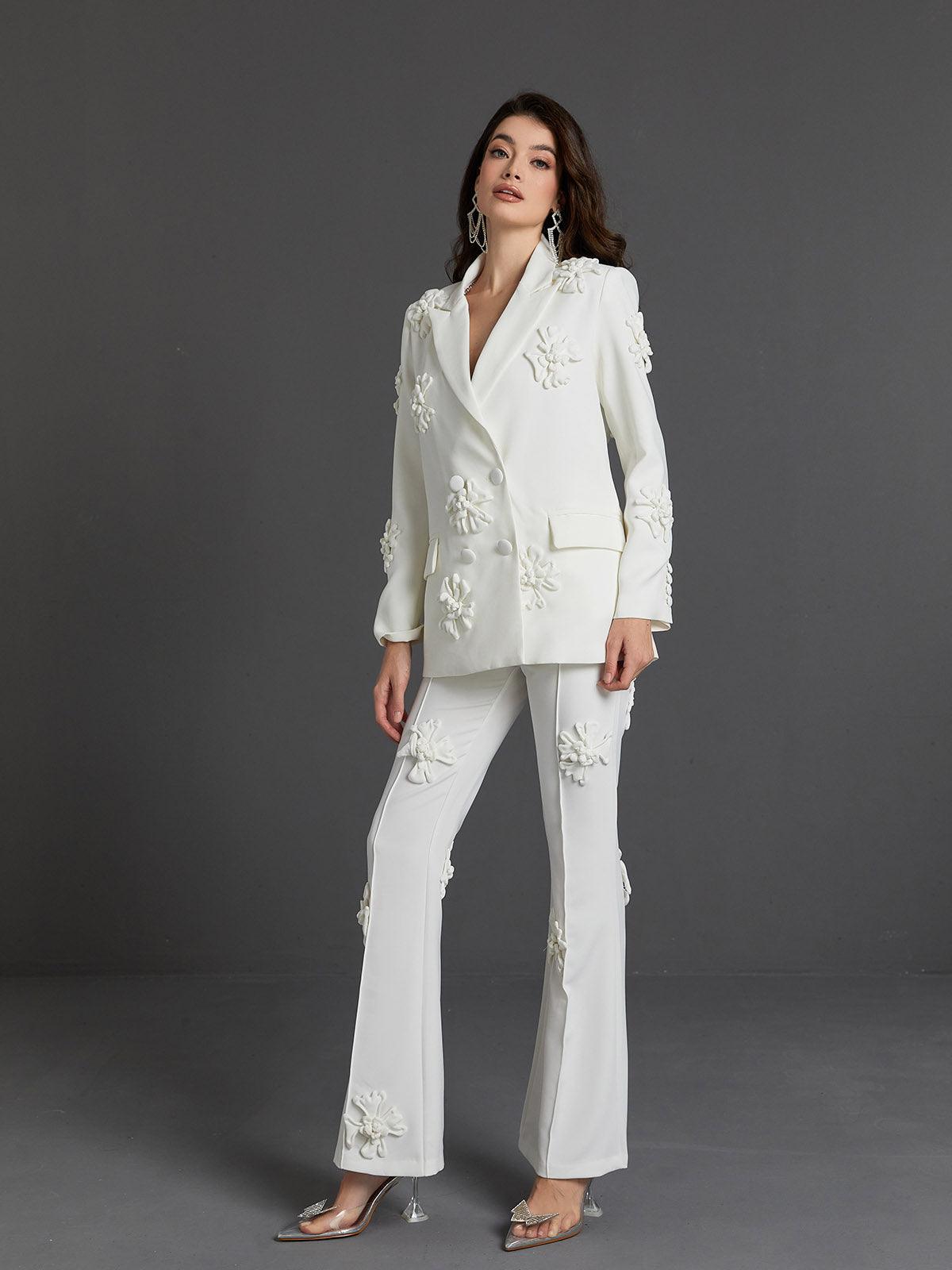 Indiana Floral Embellished Blazer Set In White - Mew Mews Fashion