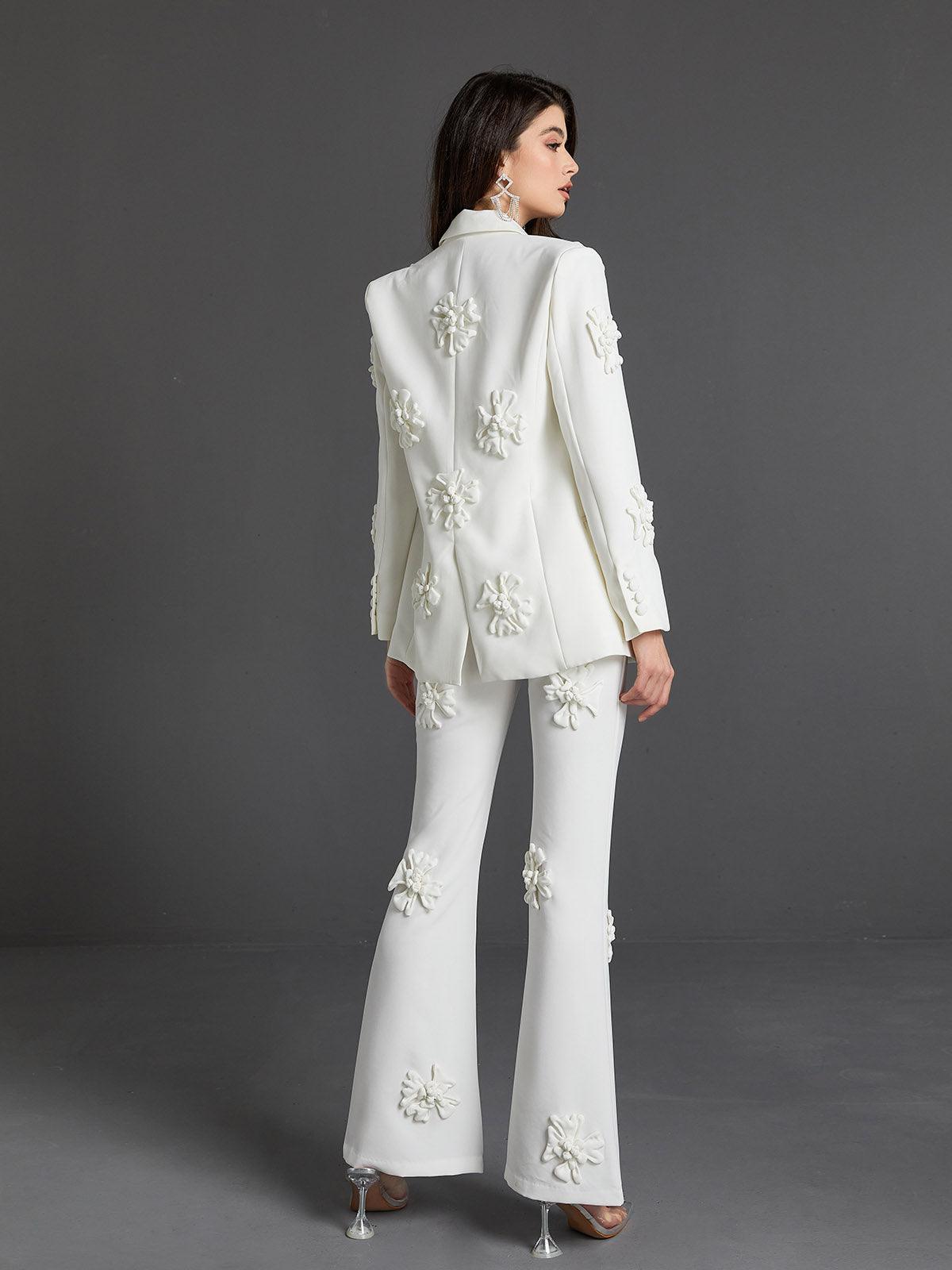 Indiana Floral Embellished Blazer Set In White - Mew Mews Fashion