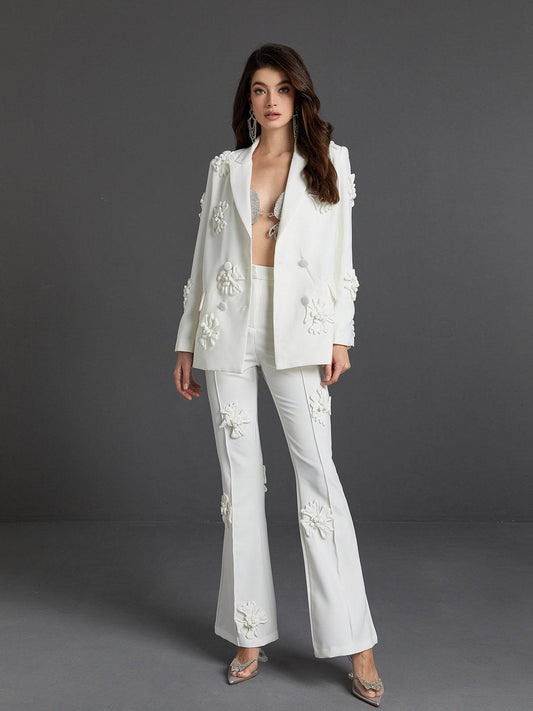 Indiana Floral Embellished Blazer Set In White - Mew Mews Fashion