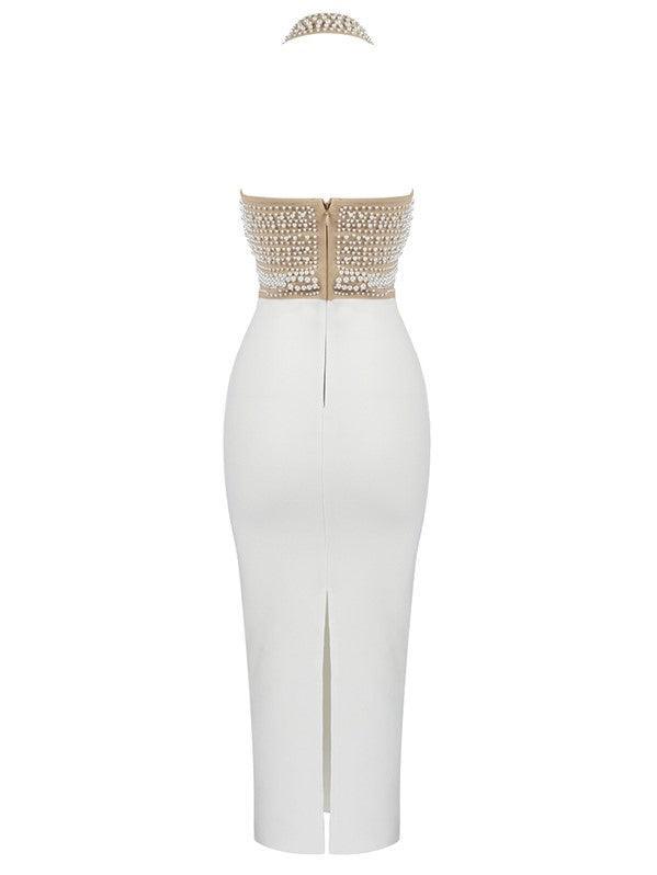 Isabella Halterneck Pearls Bandage Dress In Beige - Mew Mews Fashion