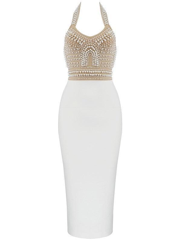 Isabella Halterneck Pearls Bandage Dress In Beige - Mew Mews Fashion