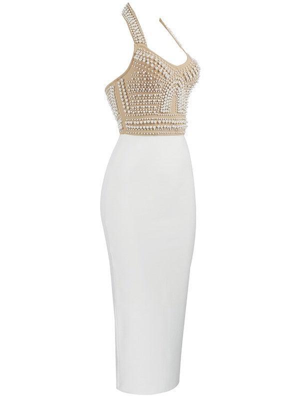 Isabella Halterneck Pearls Bandage Dress In Beige - Mew Mews Fashion