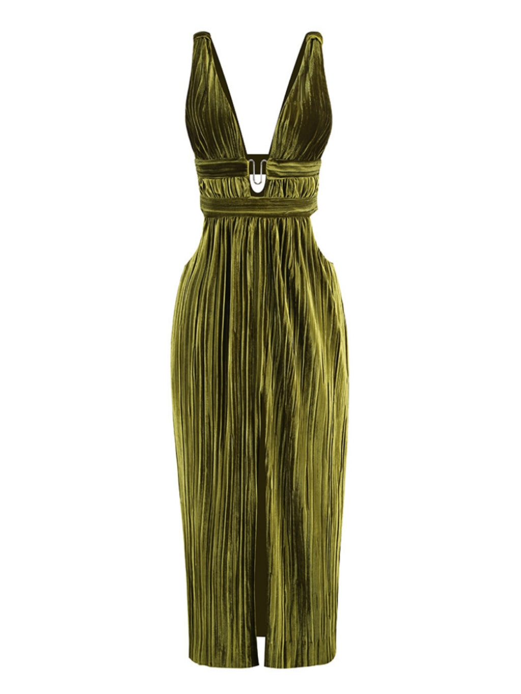 Iskander V Neck Split Velvet Dress In Green