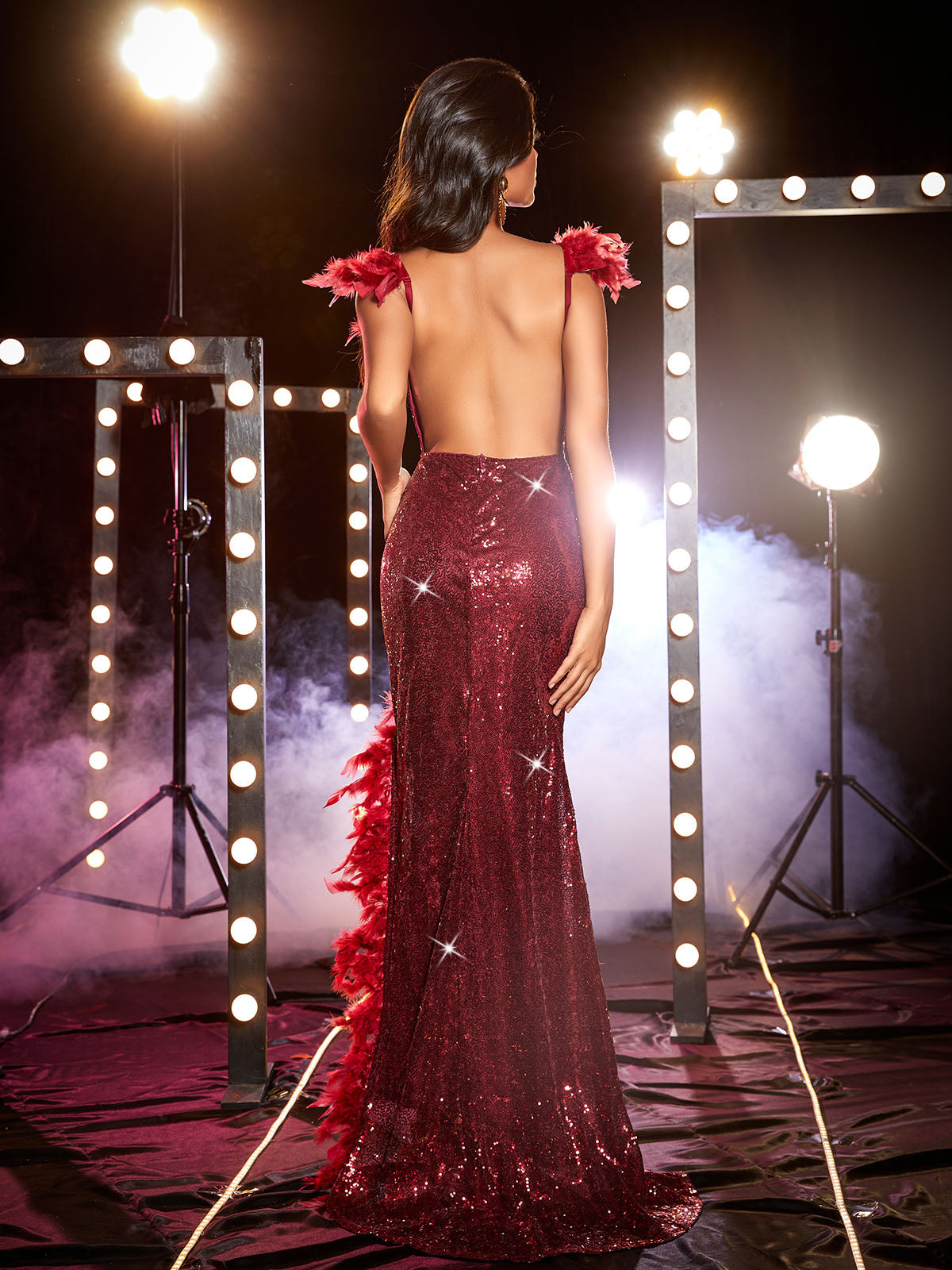 Jamal V Neck Sequin Feather Backless Maxi Dress