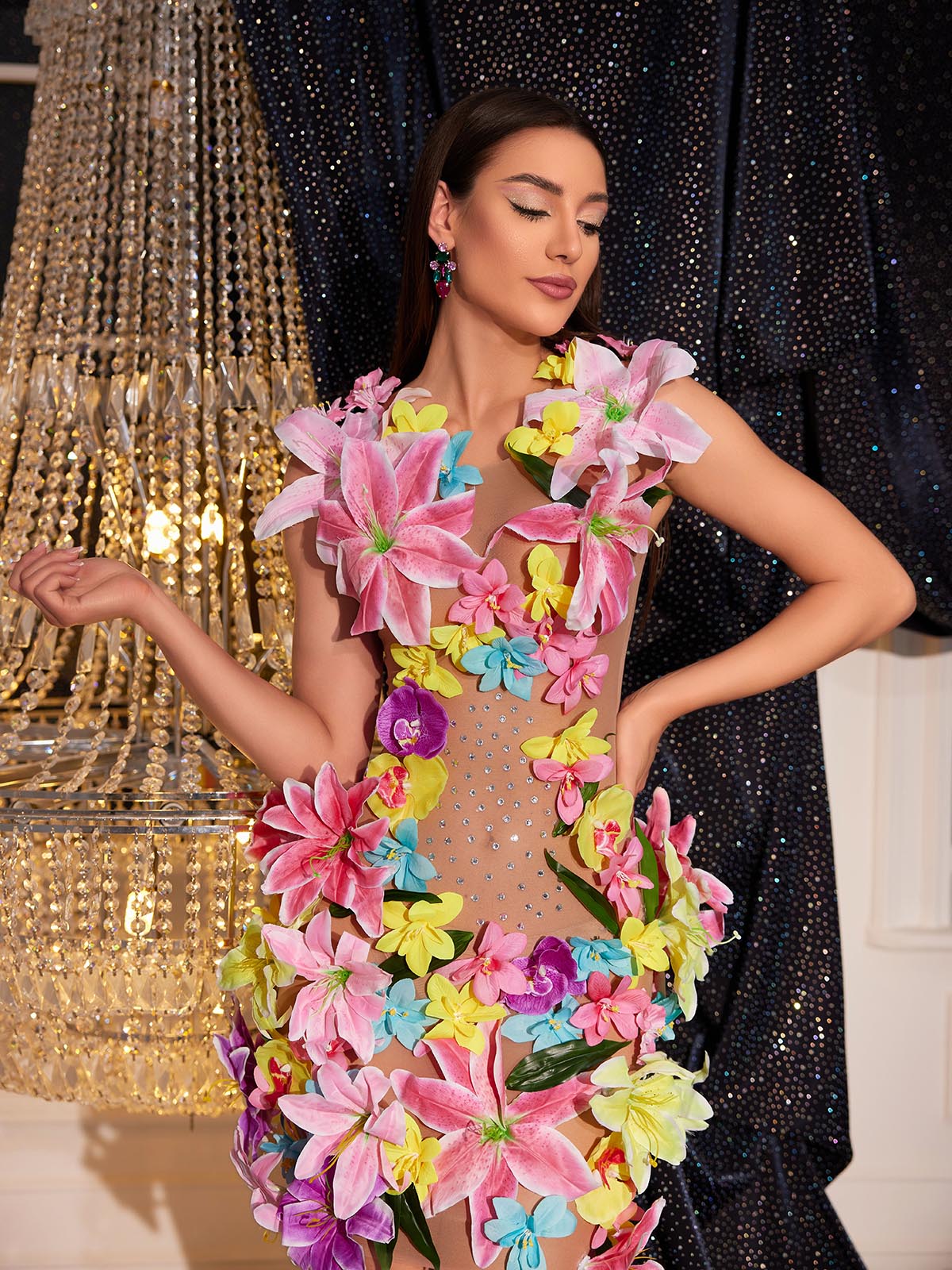 Jamshid Sleeveless Flower Rhinestone Mesh Dress