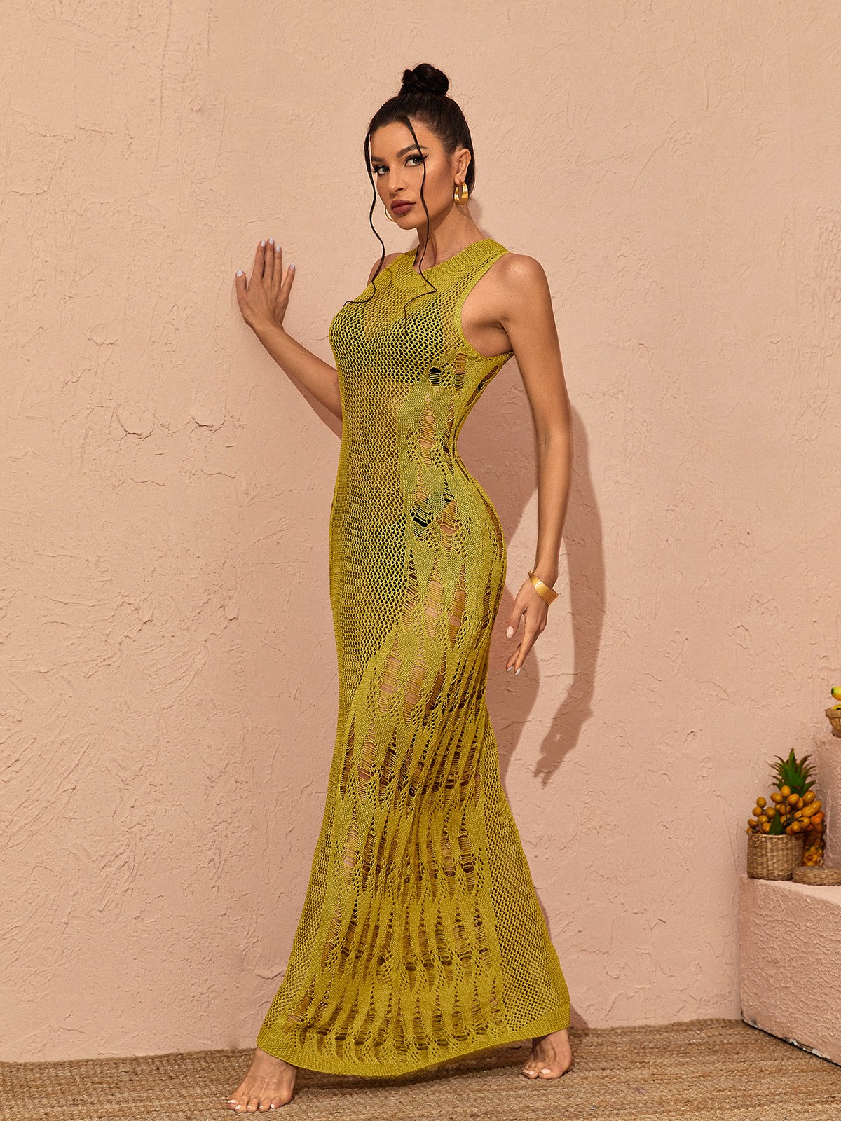 Julieta Hollow Knitted Maxi Dress In Green