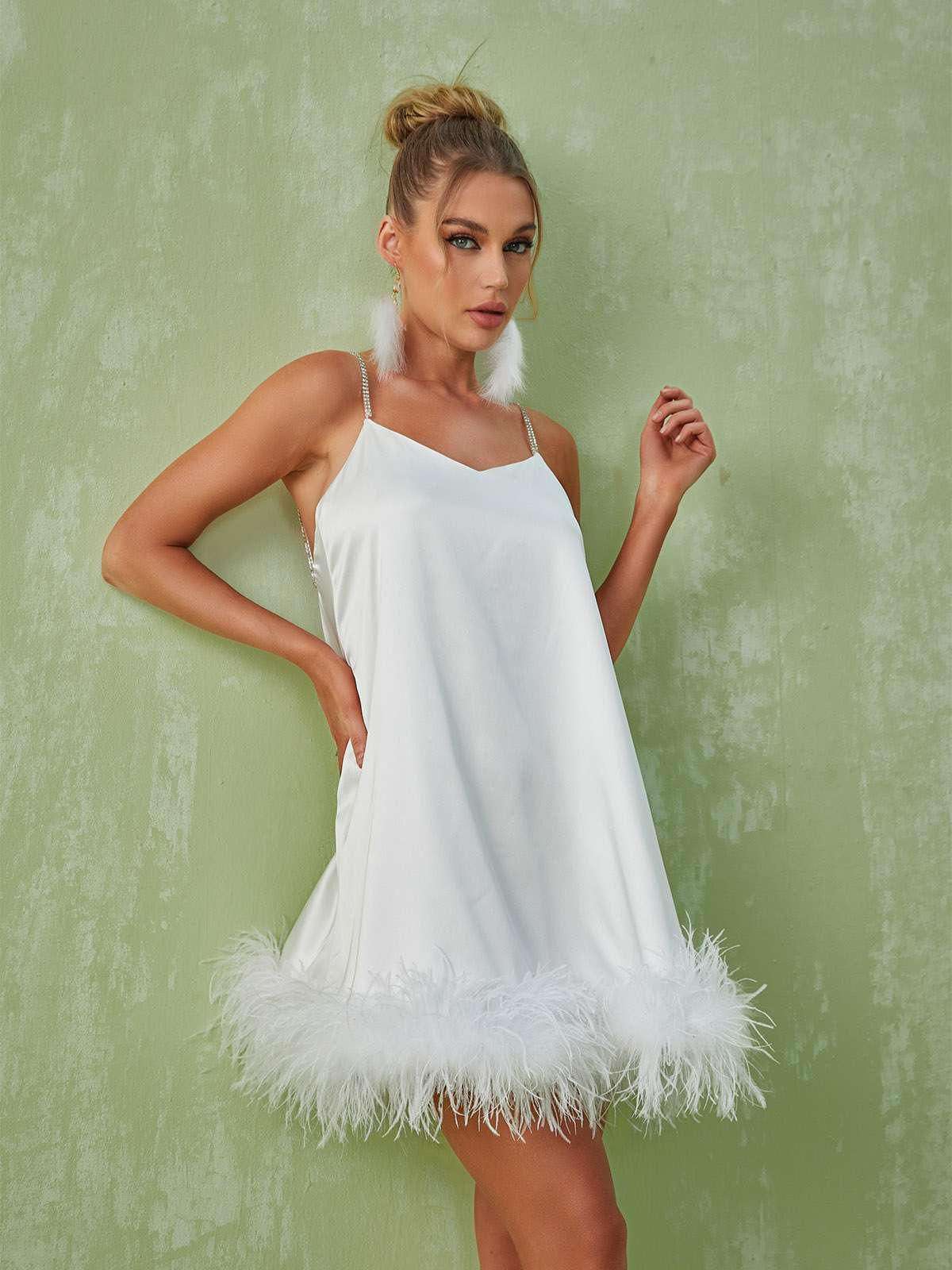 Kamaria Spaghetti Feather Mini Dress In White - Mew Mews Fashion