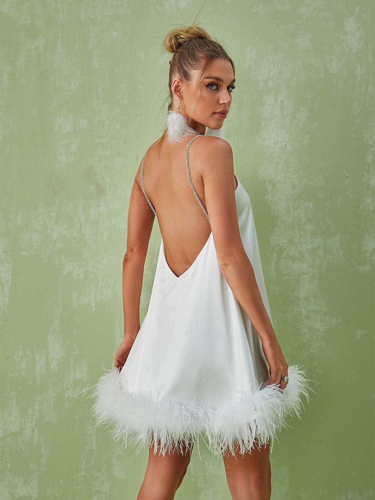 Kamaria Spaghetti Feather Mini Dress In White - Mew Mews Fashion