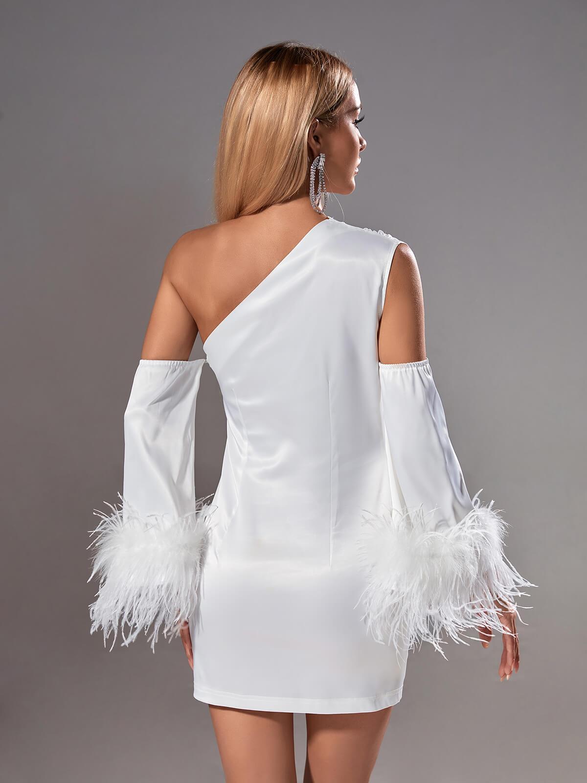 Klara Satin Feather Trimmed Mini Dress In White - Mew Mews Fashion