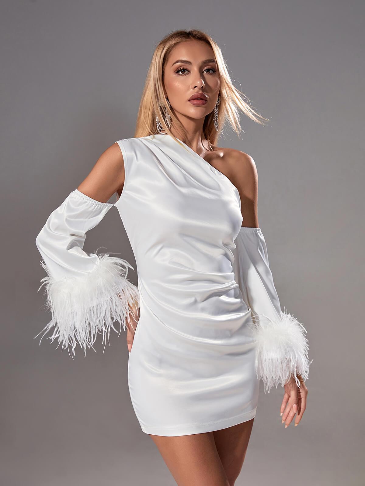 Klara Satin Feather Trimmed Mini Dress In White - Mew Mews Fashion