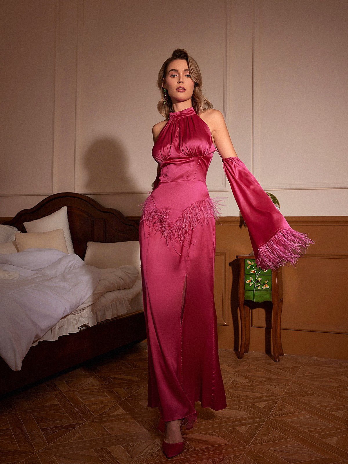 Knute Halterneck Feather Satin Dress In Hot Pink