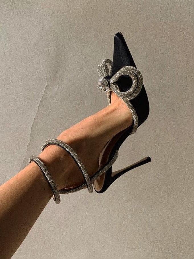 Laila Bow Crystal Satin Heels In Black - Mew Mews Fashion
