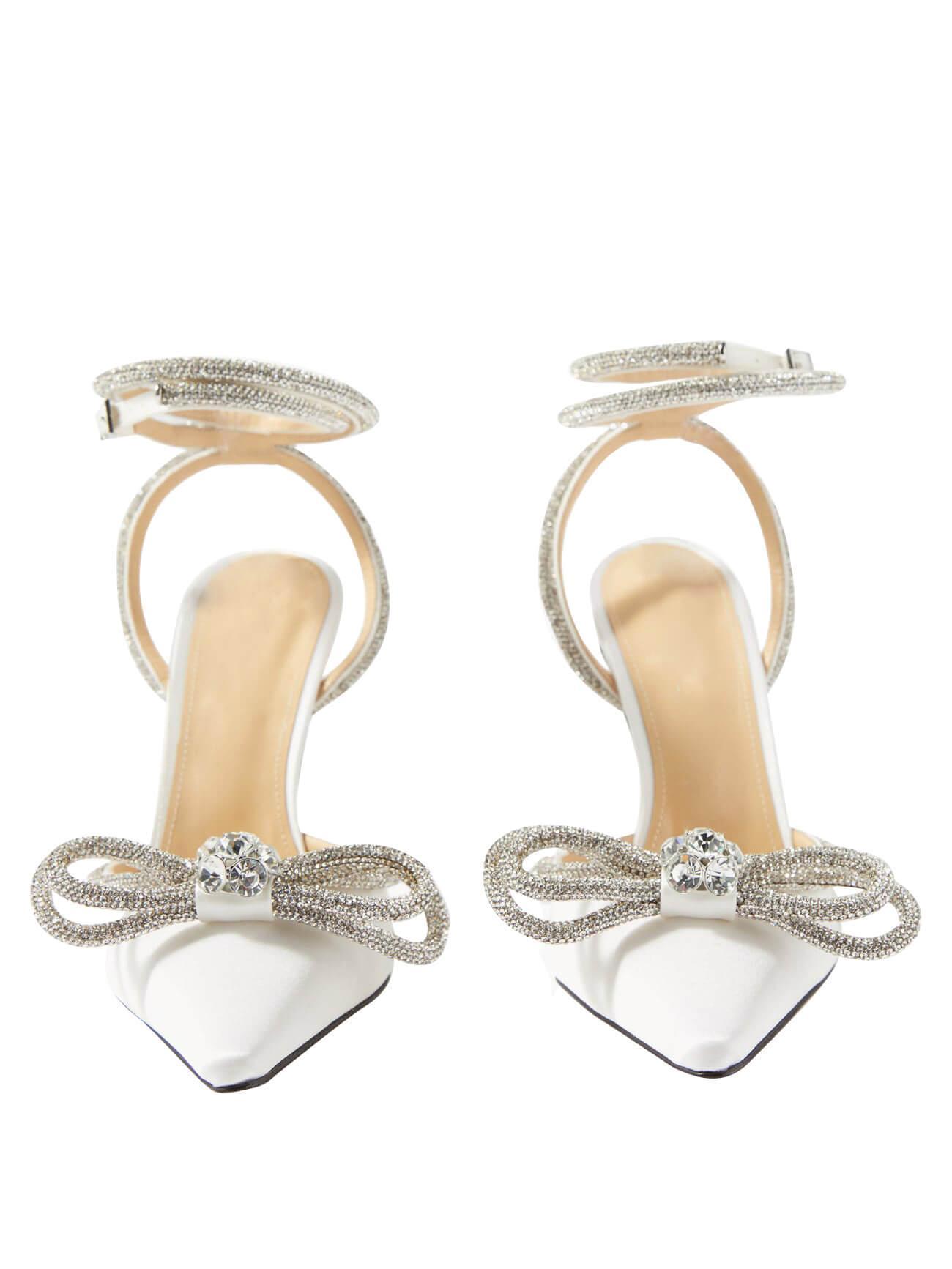 Laila Bow Crystal Satin Heels In White - Mew Mews Fashion