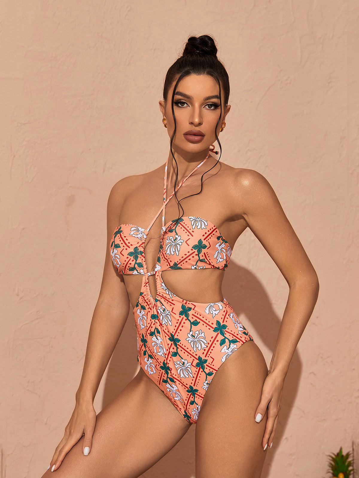 Landry Halterneck Printed  Swimwear Two Piece Set In Orange