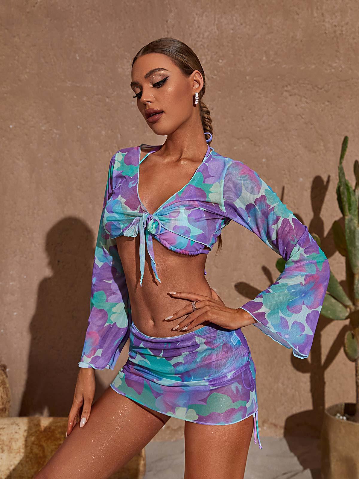 Leah Printed Bikini Four Piece Set - Mew Mews Fashion