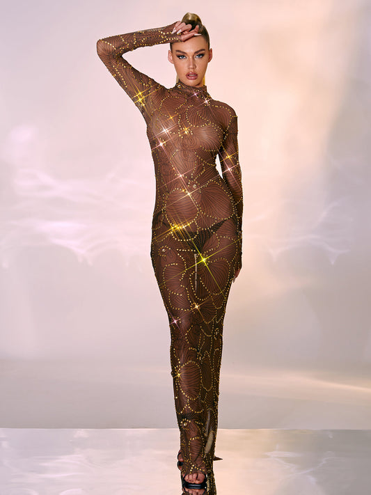 Lennox Long Sleeve Flower Rhinestone Maxi Dress