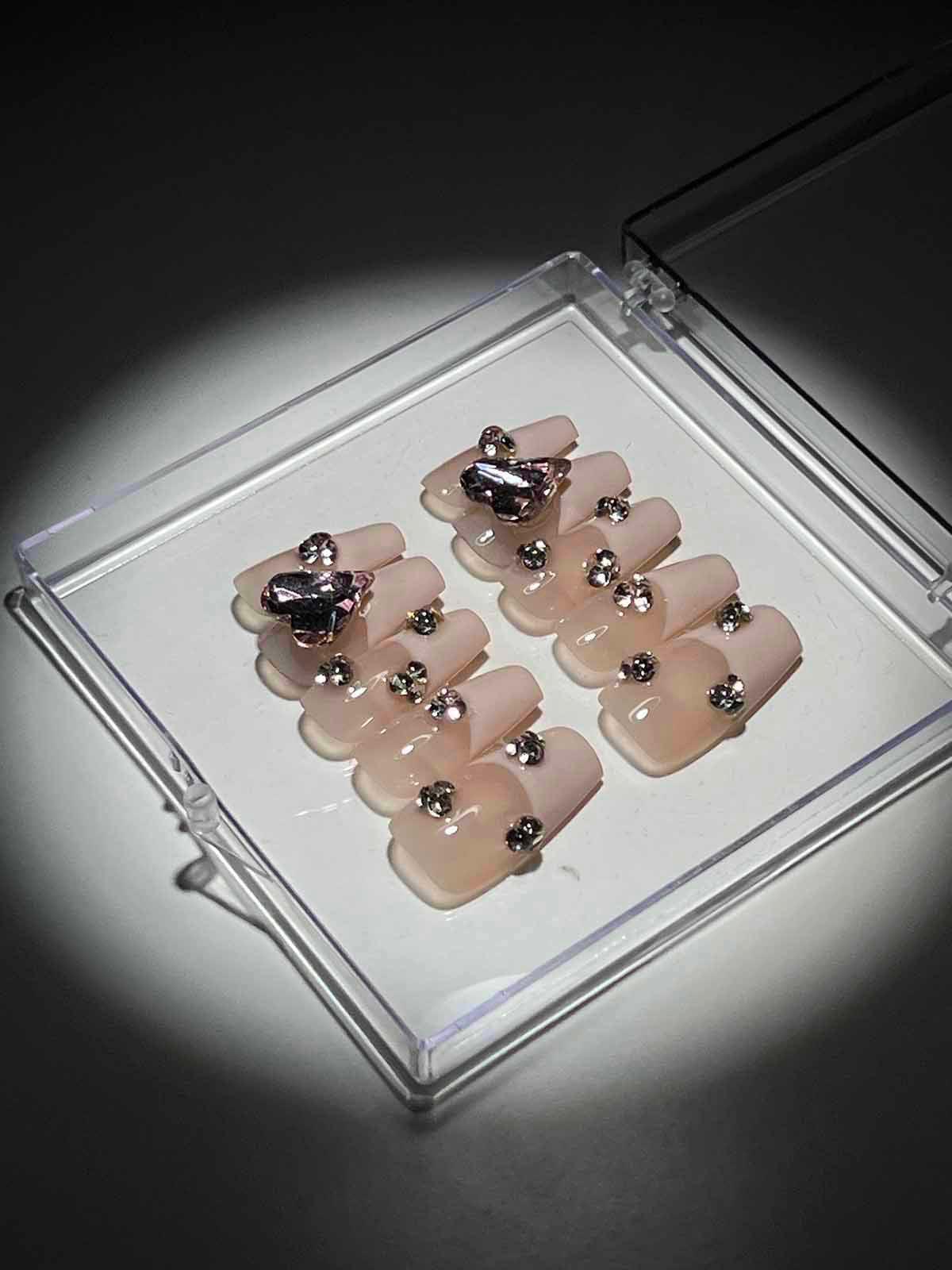 Heart Crystal Pink French Press On Nails - Mew Mews Fashion