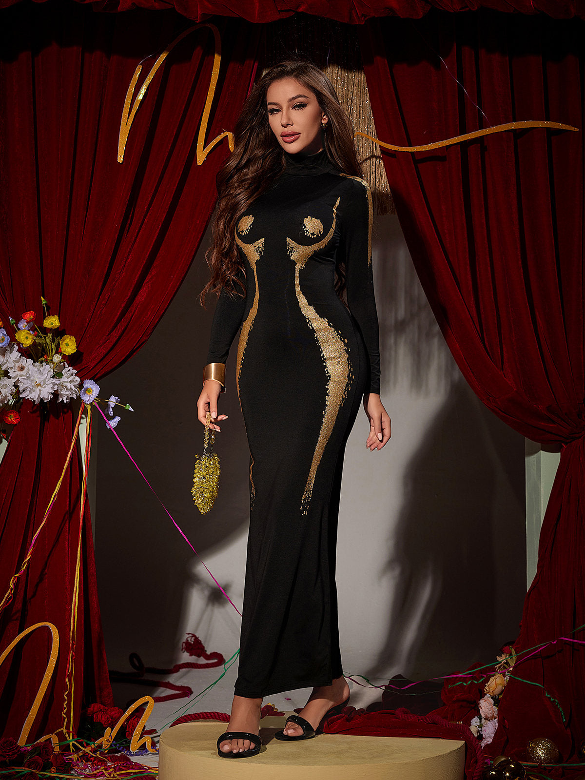 Lidal Long Sleeve Body Printed Maxi Dress