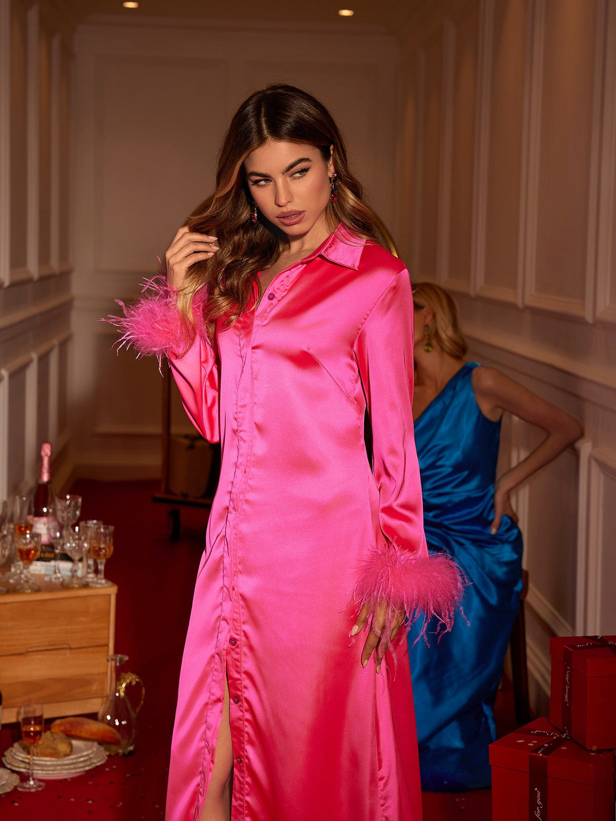 Lucien Feather Satin Shirt Dress