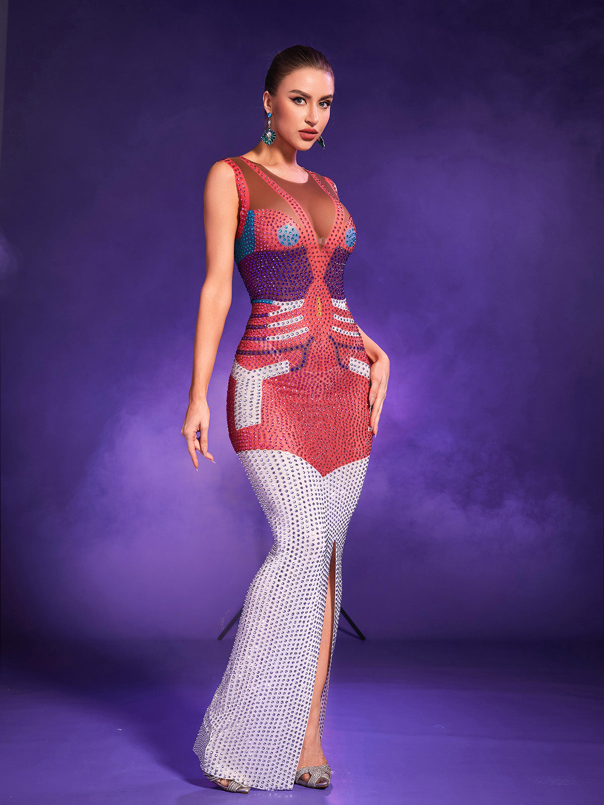 Lyra Sleeveless Rhinestone Printed Maxi Dress