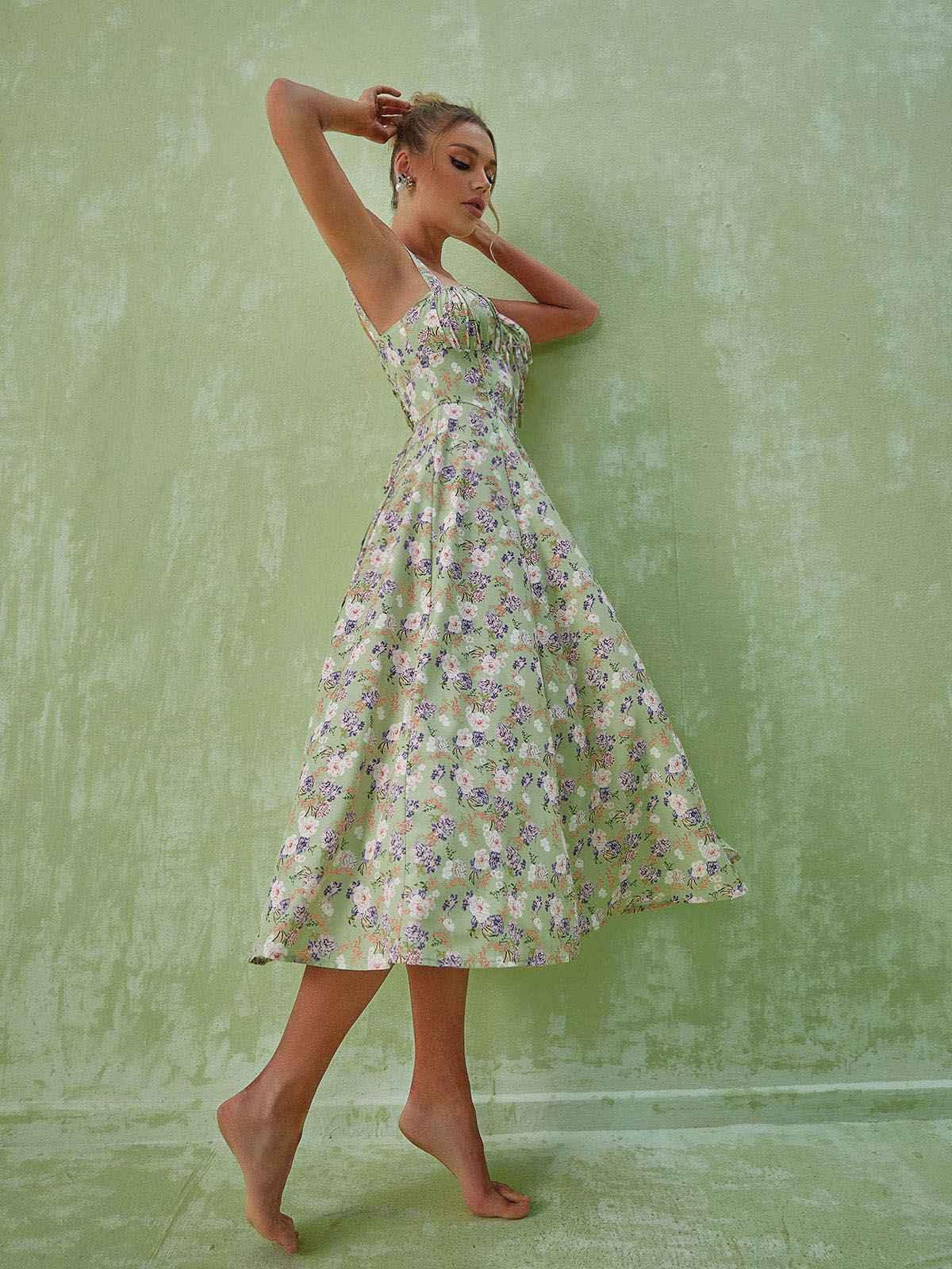 Maire Floral Split Midi Dress In Green - Mew Mews Fashion