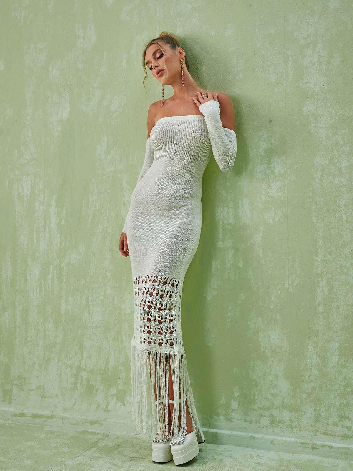 Malti Off Shoulder Fringe Maxi Dress - Mew Mews Fashion