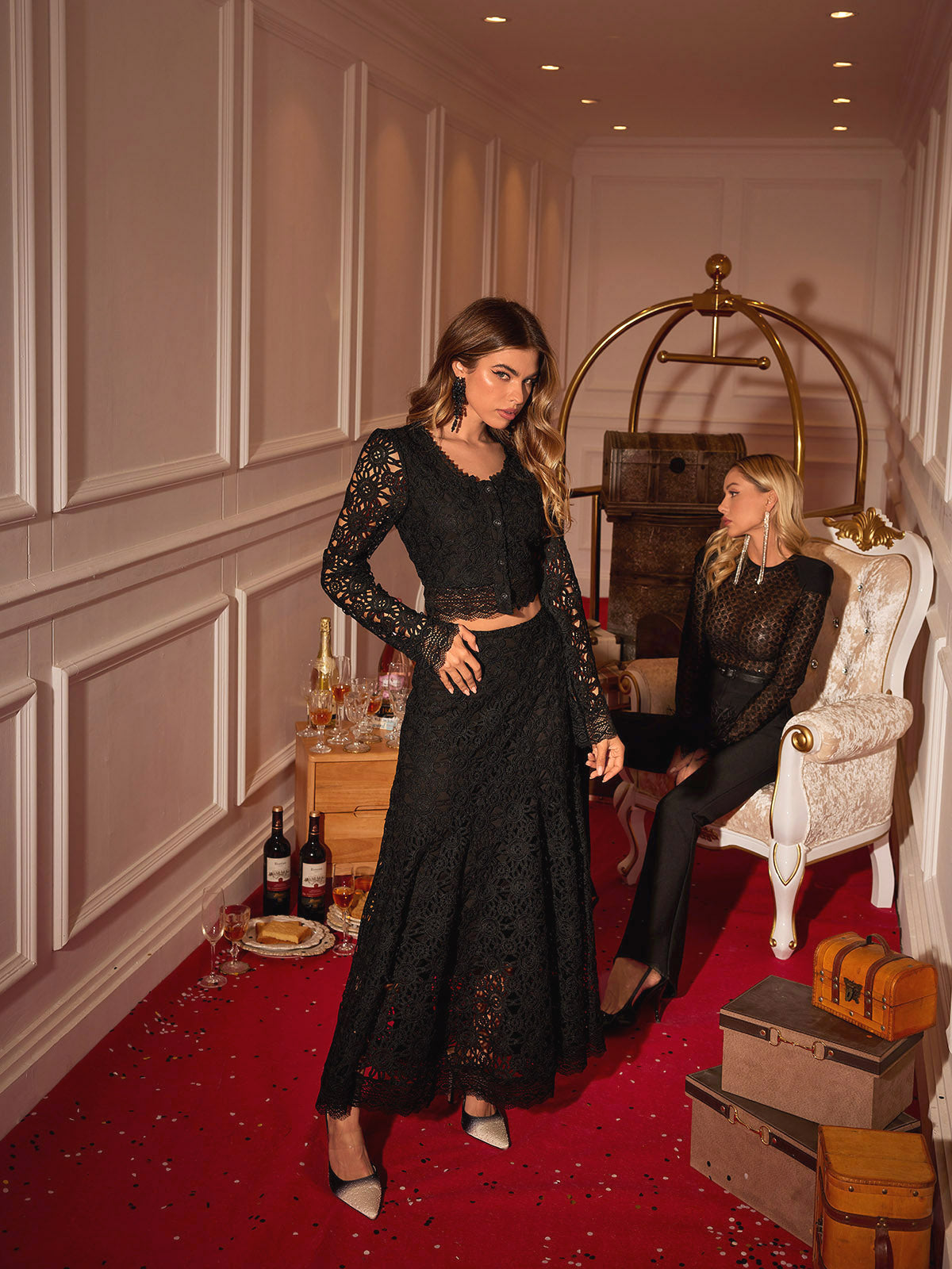 Marc Floral Hollow Lace Skirt Set