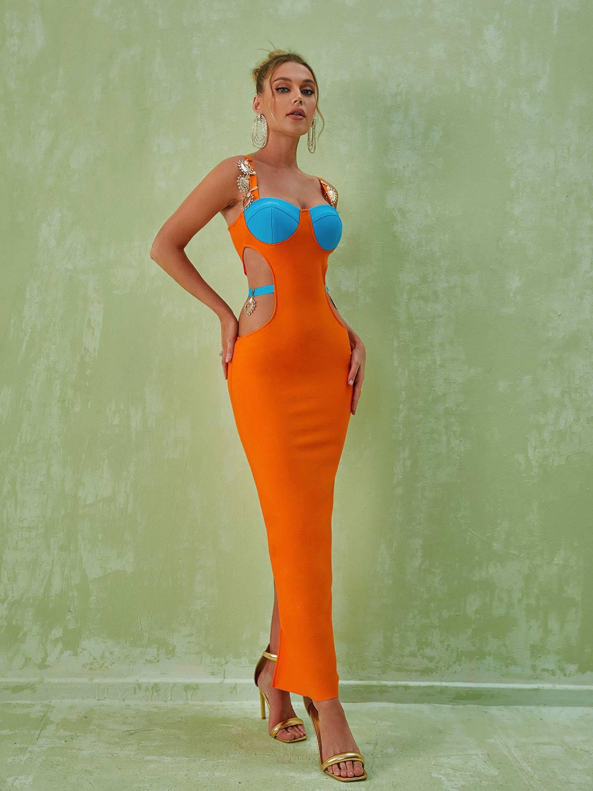 Margaux Embellished Cutout Maxi Dress In Orange - Mew Mews Fashion