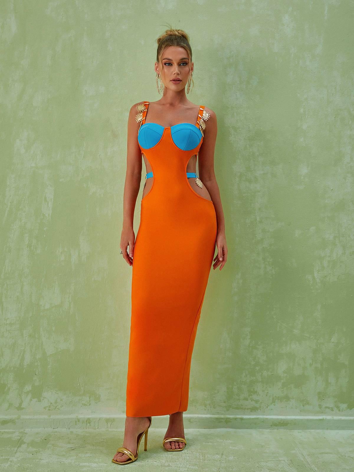 Margaux Embellished Cutout Maxi Dress In Orange - Mew Mews Fashion