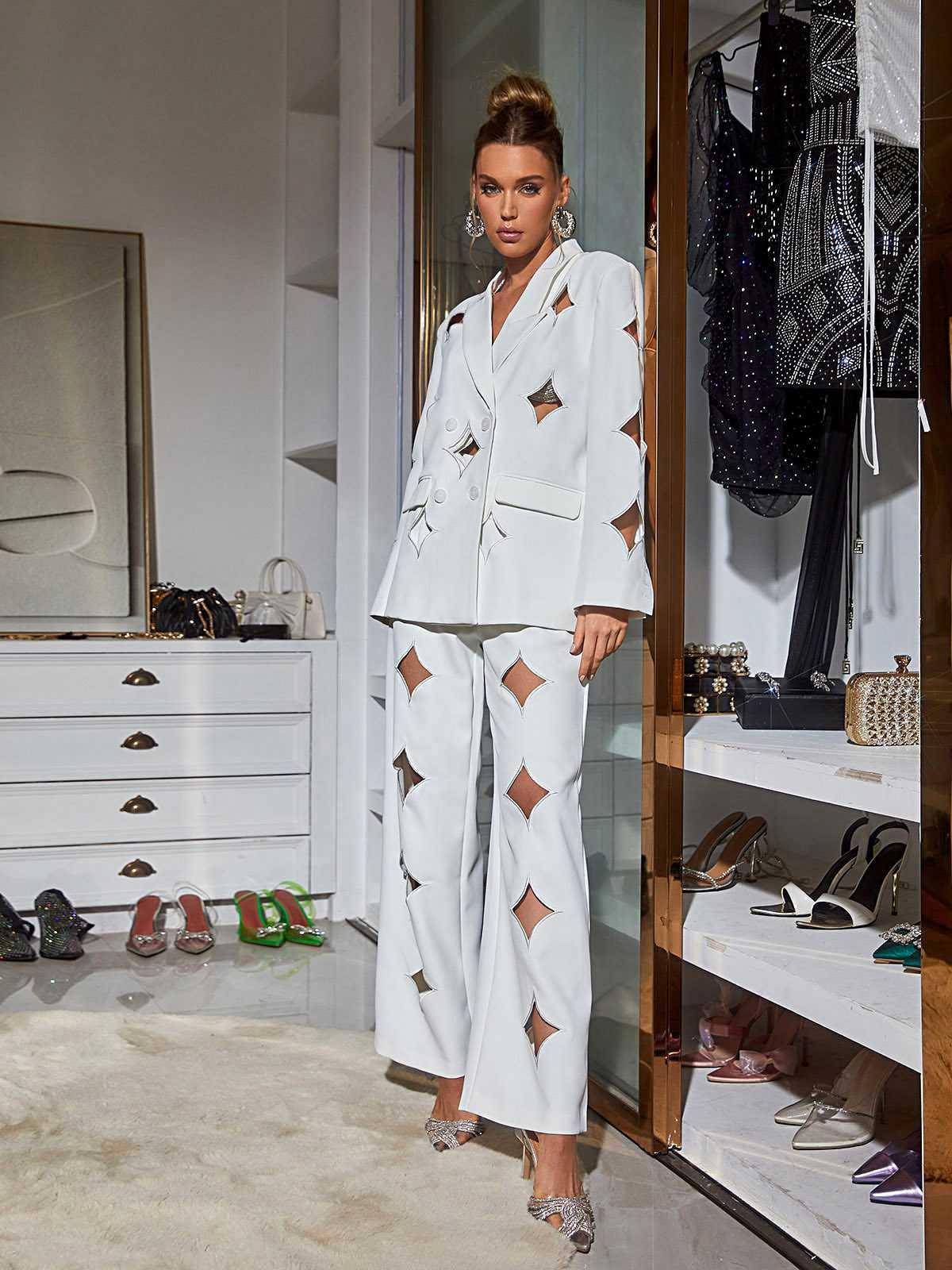 Marietta Cutout Blazer Set In White - Mew Mews Fashion