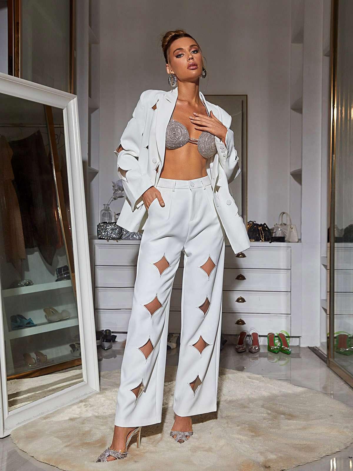 Marietta Cutout Blazer Set In White - Mew Mews Fashion
