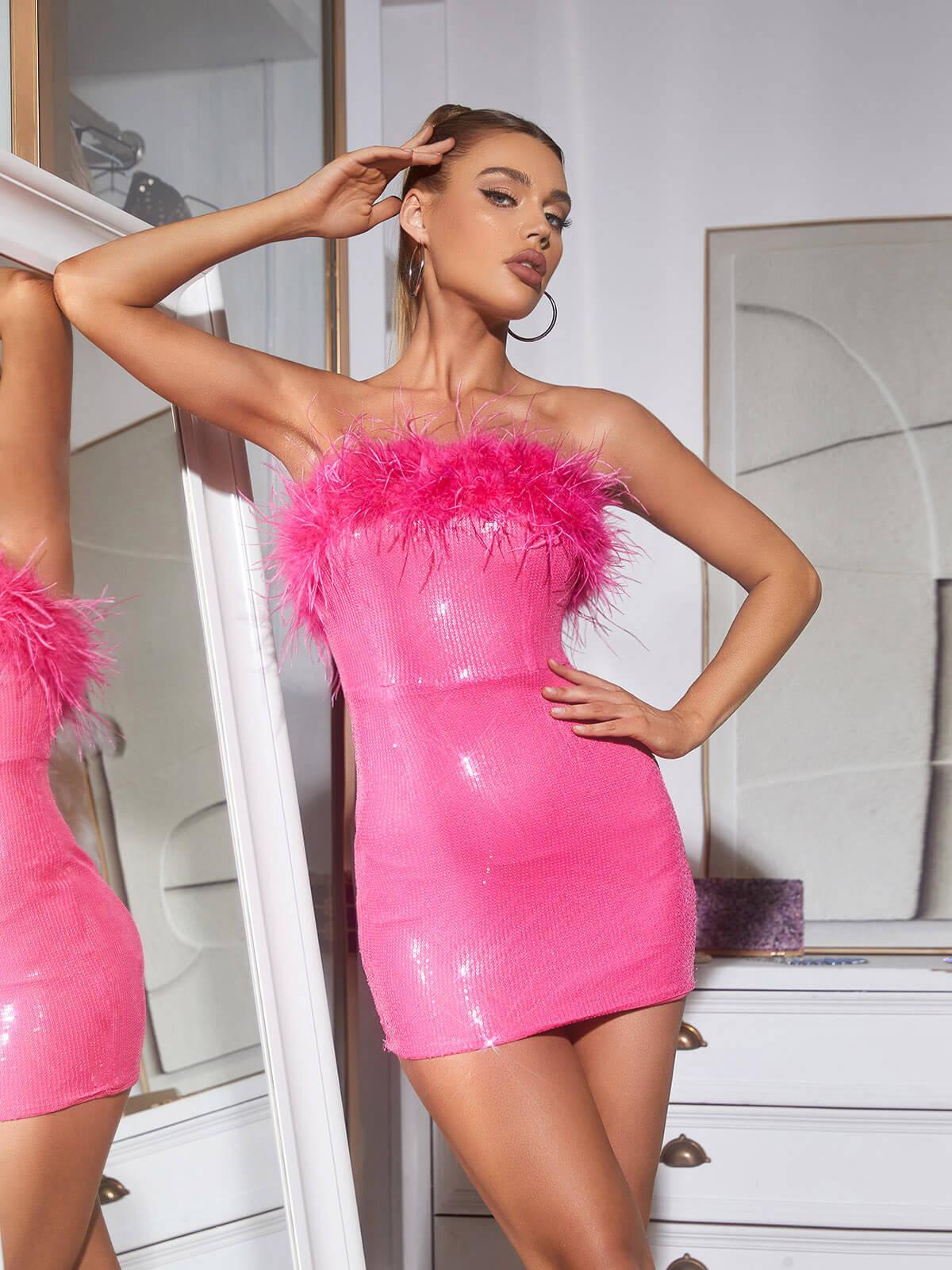 Marin Strapless Feather Sequin Mini Dress In Hot Pink - Mew Mews Fashion