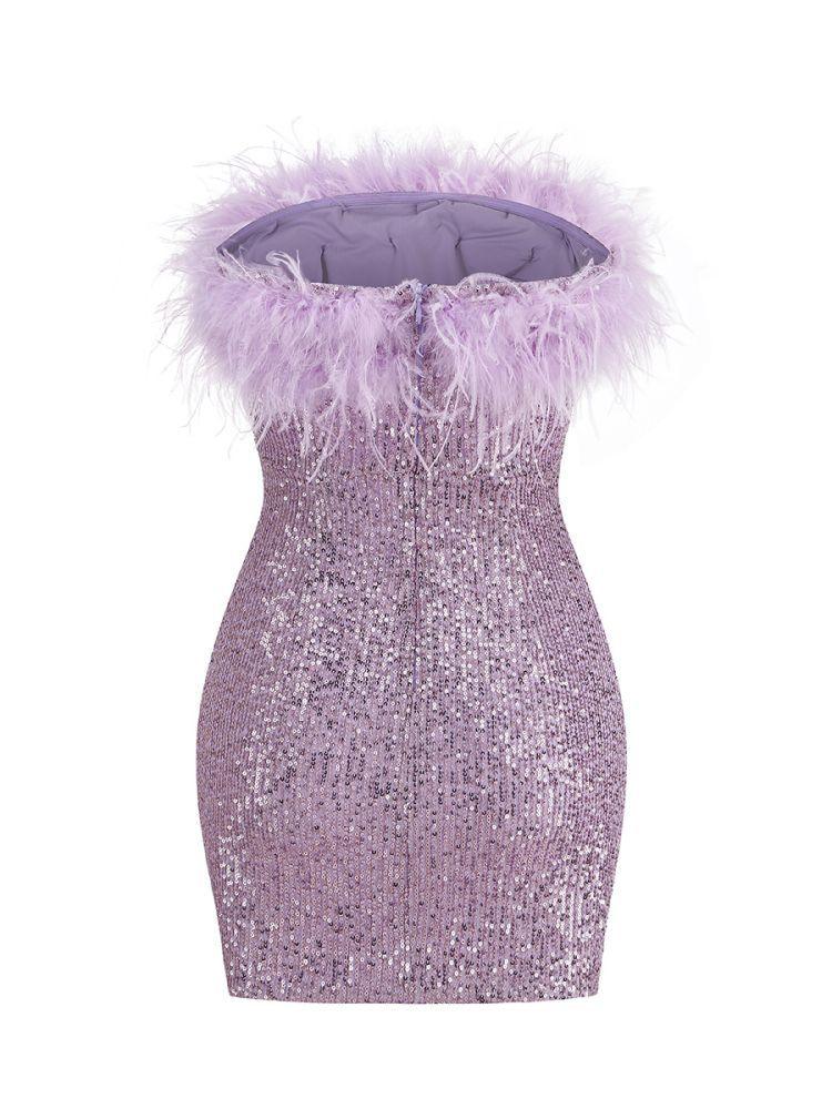 Marin Strapless Feather Sequin Mini Dress In Violet - Mew Mews Fashion