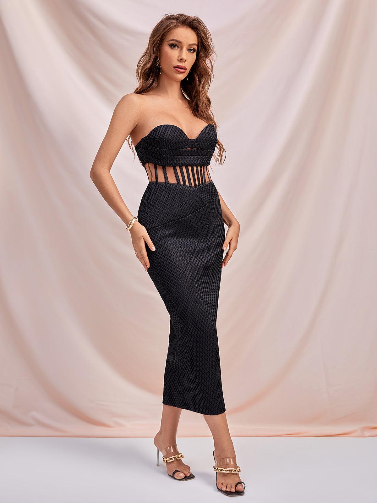 Marleigh Strapless Corset Mesh Midi Dress