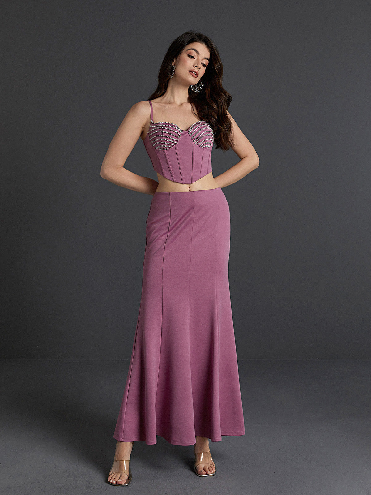 Maryann Embellished  Skirt Set In Purple